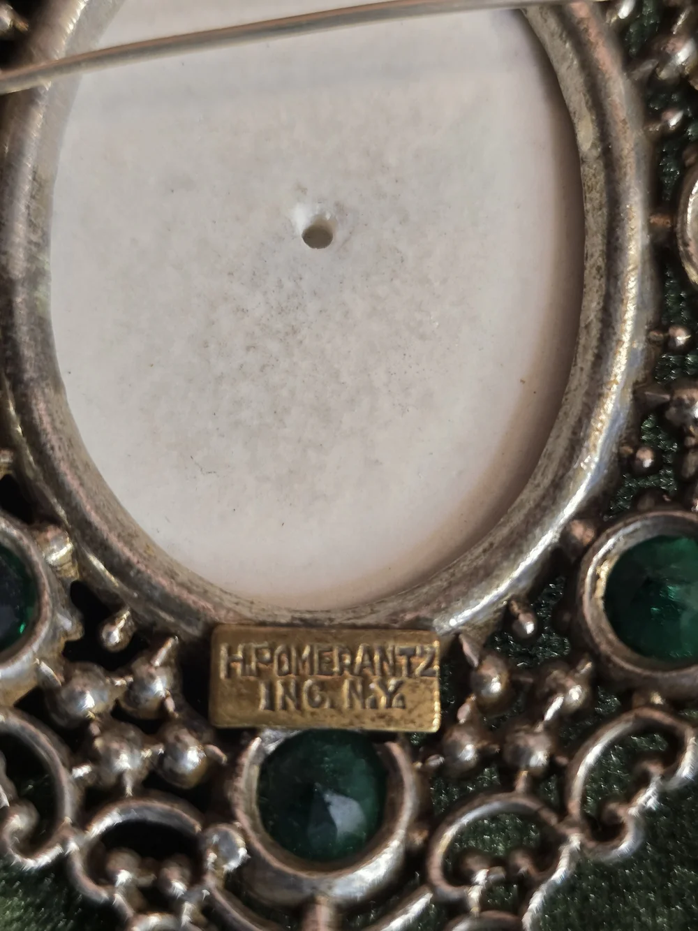 H Pomerantz Vintage Green Jeweled Oval Brooch with Romantic Porcelain Scene Rare